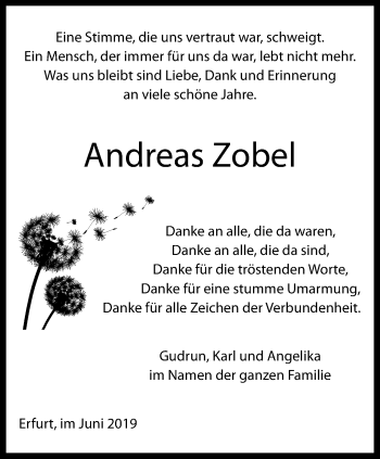 Traueranzeige von Andreas Zobel von Thüringer Allgemeine, Thüringische Landeszeitung