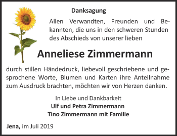 Traueranzeige von Anneliese Zimmermann von Ostthüringer Zeitung, Thüringische Landeszeitung