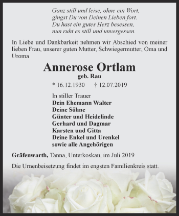 Traueranzeige von Annerose Ortlam von Ostthüringer Zeitung