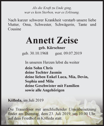 Traueranzeige von Annett Zeise von Thüringer Allgemeine