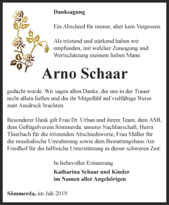Traueranzeige von Arno Schaar von Thüringer Allgemeine