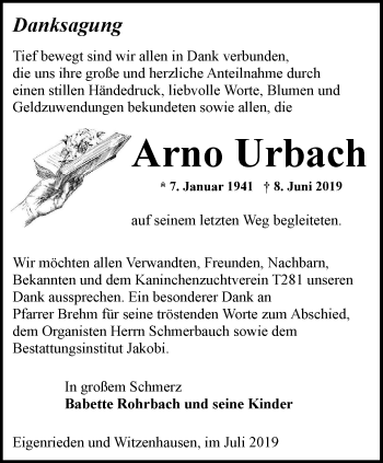 Traueranzeige von Arno Urbach von Thüringer Allgemeine, Thüringische Landeszeitung