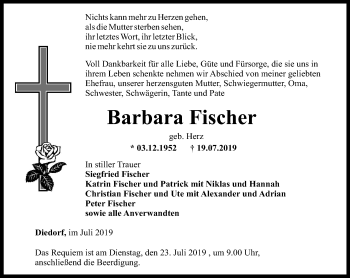 Traueranzeige von Barbara Fischer von Thüringer Allgemeine, Thüringische Landeszeitung