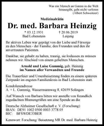 Traueranzeige von Barbara Heinzig von Ostthüringer Zeitung