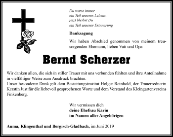 Traueranzeige von Bernd Scherzer von Ostthüringer Zeitung