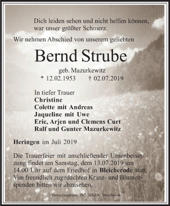 Traueranzeige von Bernd Strube von Thüringer Allgemeine