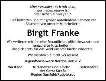 Traueranzeige von Birgit Franke von Ostthüringer Zeitung