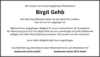 Traueranzeige von Birgit Gehb von Ostthüringer Zeitung, Thüringische Landeszeitung