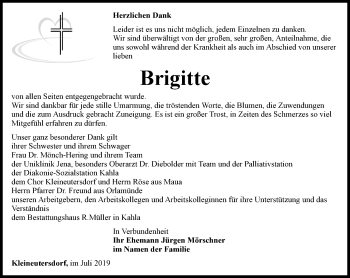 Traueranzeige von Brigitte  von Ostthüringer Zeitung, Thüringische Landeszeitung