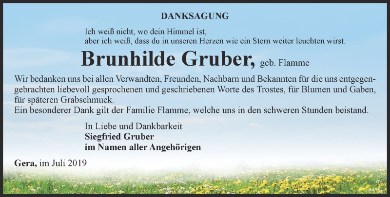  Traueranzeige für Brunhilde Gruber vom 27.07.2019 aus Ostthüringer Zeitung