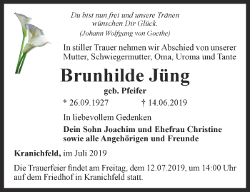 Traueranzeige von Brunhilde Jüng von Thüringer Allgemeine, Thüringische Landeszeitung