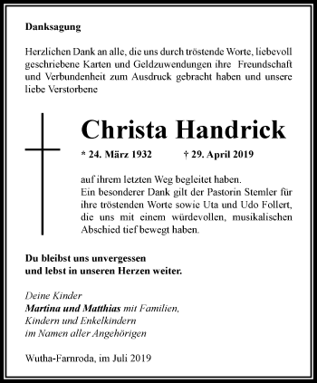 Traueranzeige von Christa Handrick von Thüringer Allgemeine, Thüringische Landeszeitung