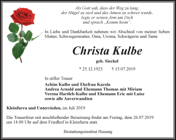 Traueranzeige von Christa Kulbe von Thüringer Allgemeine