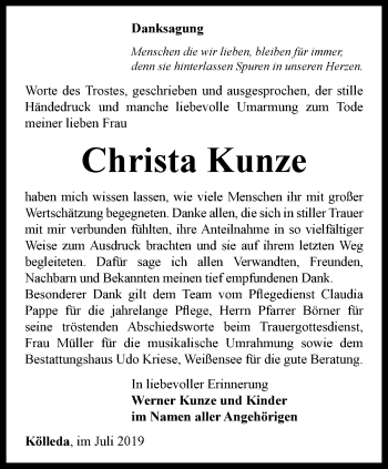 Traueranzeige von Christa Kunze von Thüringer Allgemeine