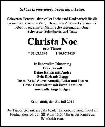 Traueranzeige von Christa Noe von Thüringer Allgemeine, Thüringische Landeszeitung