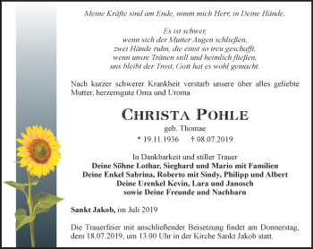 Traueranzeige von Christa Pohle von Ostthüringer Zeitung