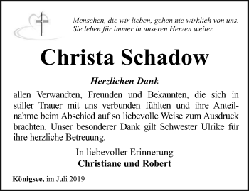 Traueranzeige von Christa Schadow von Ostthüringer Zeitung