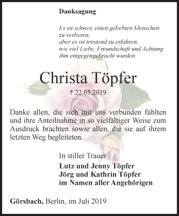 Traueranzeige von Christa Töpfer von Thüringer Allgemeine