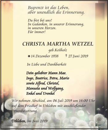 Traueranzeige von Christa Martha Wetzel von Thüringer Allgemeine