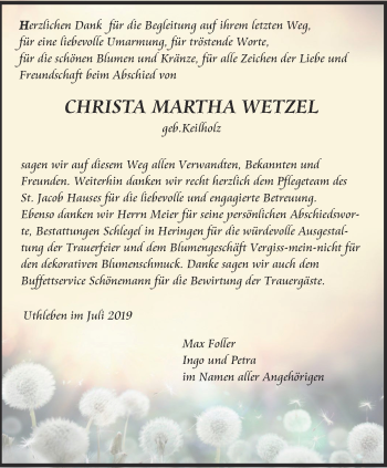 Traueranzeige von Christa Martha Wetzel von Thüringer Allgemeine