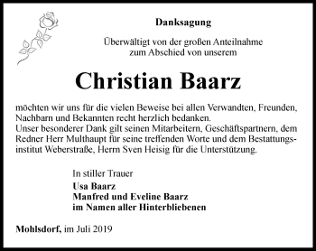 Traueranzeige von Christian Baarz von Ostthüringer Zeitung