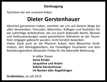 Traueranzeige von Dieter Gerstenhauer von Thüringer Allgemeine, Thüringische Landeszeitung