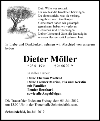 Traueranzeige von Dieter Möller von Thüringer Allgemeine