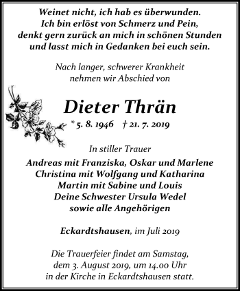 Traueranzeige von Dieter Thrän von Thüringer Allgemeine, Thüringische Landeszeitung