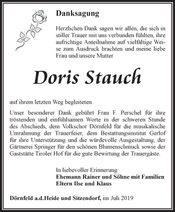 Traueranzeige von Doris Stauch von Ostthüringer Zeitung