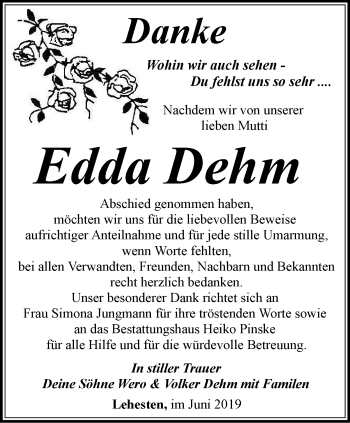 Traueranzeige von Edda Dehm von Ostthüringer Zeitung