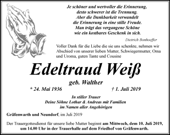 Traueranzeige von Edeltraud Weiß von Ostthüringer Zeitung