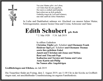 Traueranzeige von Edith Schubert von Thüringer Allgemeine