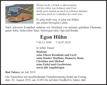 Traueranzeige von Egon Hühn von Ostthüringer Zeitung, Thüringische Landeszeitung