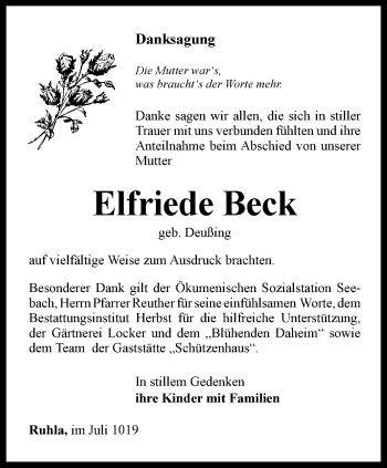 Traueranzeige von Elfriede Beck von Thüringer Allgemeine, Thüringische Landeszeitung