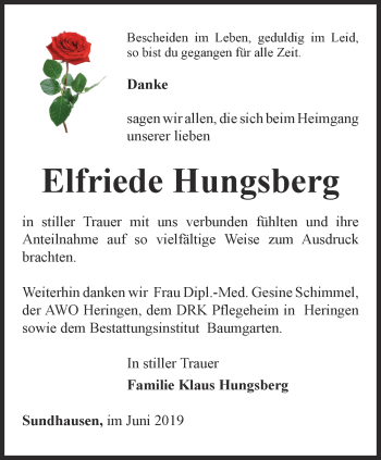 Traueranzeige von Elfriede Hungsberg von Thüringer Allgemeine