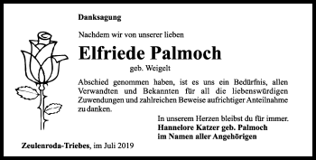 Traueranzeige von Elfriede Palmoch von Ostthüringer Zeitung