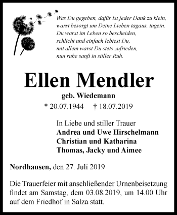 Traueranzeige von Ellen Mendler von Thüringer Allgemeine