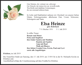 Traueranzeige von Elsa Heinze von Thüringer Allgemeine, Thüringische Landeszeitung