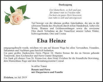 Traueranzeige von Elsa Heinze von Thüringer Allgemeine, Thüringische Landeszeitung