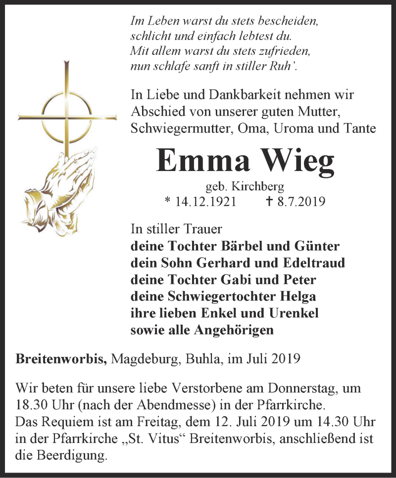  Traueranzeige für Emma Wieg vom 10.07.2019 aus Thüringer Allgemeine