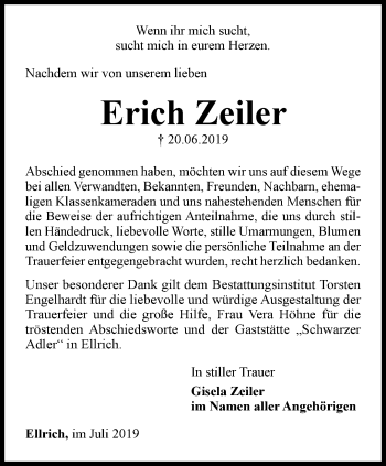 Traueranzeige von Erich Zeiler von Thüringer Allgemeine