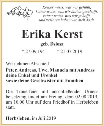 Traueranzeige von Erika Kerst von Thüringer Allgemeine, Thüringische Landeszeitung