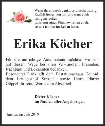 Traueranzeige von Erika Köcher von Ostthüringer Zeitung