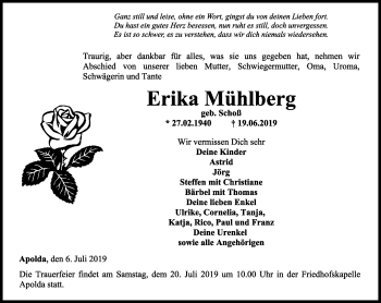 Traueranzeige von Erika Mühlberg von Thüringer Allgemeine, Thüringische Landeszeitung