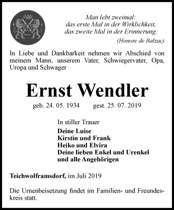 Traueranzeige von Ernst Wendler von Ostthüringer Zeitung