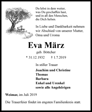 Traueranzeige von Eva März von Thüringer Allgemeine, Thüringische Landeszeitung
