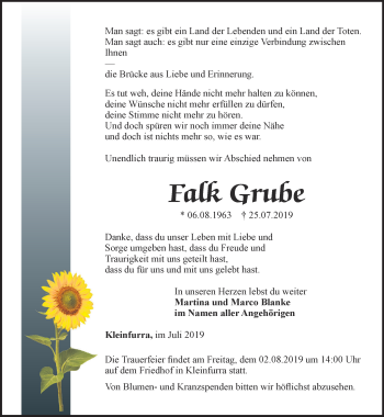 Traueranzeige von Falk Grube von Thüringer Allgemeine