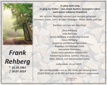 Traueranzeige von Frank Rehberg von Thüringer Allgemeine
