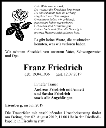 Traueranzeige von Franz Friedrich von Ostthüringer Zeitung