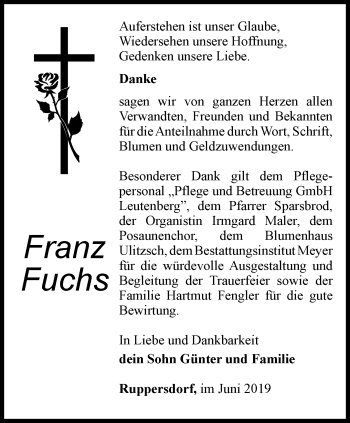 Traueranzeige von Franz Fuchs von Ostthüringer Zeitung